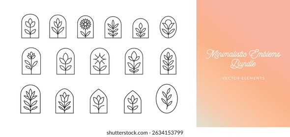 Minimalist line-art set of flowers and branches in elegant frames. Perfect for branding, packaging, wall decor, stationery, and botanical-themed creative projects.