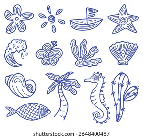 Minimalist lineart vector illustration featuring summer elements such as seashells, starfish, seahorse, palm trees, ocean waves, and other tropical icons.