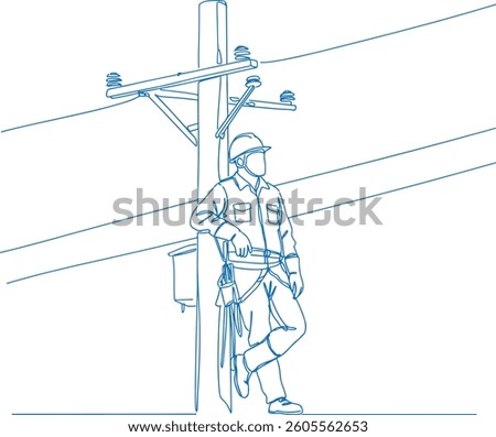 Minimalist lineman vector illustration featuring a power line worker climbing a utility pole with safety gear