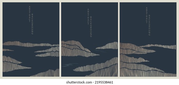 minimalist lines collection of landscapes background in asian style, black and gold colours