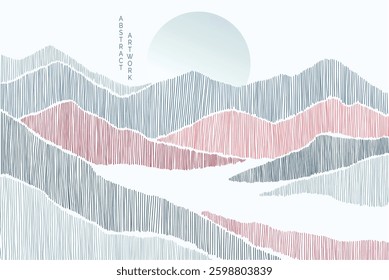 minimalist lines landscape background in asian style in blue and red colours	