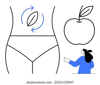 Minimalist lines show a human torso, an apple and a person pointing. Ideal for health, digestion, nutrition, wellness and fitness themes. Clean vector style with blue and black colors