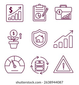 minimalist line-style finance icon set featuring economic growth, financial reports, investment protection, savings, credit score, data flow, and financial risks."