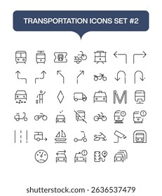 A minimalist line-style vector icon set featuring urban transportation modes like subway trains, buses, taxis, and electric scooters. Perfect for city planning apps, travel websites.