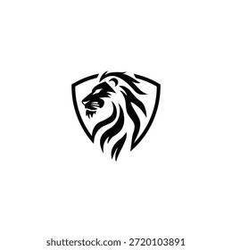 Diseño minimalista del logotipo de la cabeza del león dentro del escudo, emblema elegante y audaz del Vector con las líneas geométricas limpias, símbolo animal moderno, concepto lujoso de la identidad de la marca en el fondo negro
