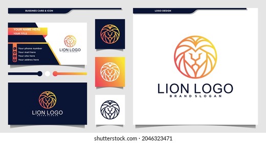 Minimalist lion head logo design with unique circual line art style and business card design premium vector