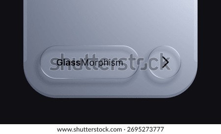 Minimalist liquid glass morphic design element with text GlassMorphism and arrow icon. Modern ui ux background for digital product concept.