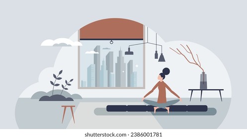 Minimalista viviendo en casa con un diseño simple y limpio concepto de persona pequeña. Estilo de vida tranquilo con una práctica de mentalidad idílica, yoga y meditación en moderna y moderna ilustración vectorial de departamentos.