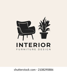 Interior minimalista en sala de estar con silla, planta interior y diseño con logotipo de luz. Habitación con sillón esquemático, decoración doméstica de diseño vectorial. Logotipo de diseño de muebles