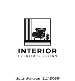 Minimalist living room interior with chair, indoor plant and home light logo design. Room with outline armchair, home decor vector design. Furniture design logotype