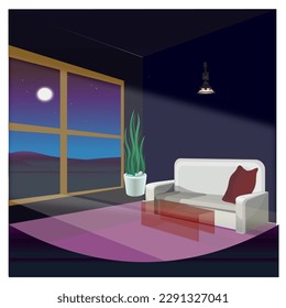 Decoración minimalista de salón con sofá, mesita decorativa de vidrio rojizo, maceta planta desértica y ventanal con vistas al prado nocturno con luz de la luna. Diseño y decoración interior. Vector.