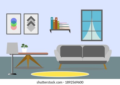 Minimalist living room with lamps, bookshelves, windows, and wall decorations