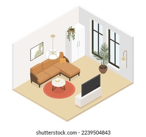 Sala de estar minimalista - moderna ilustración isométrica vectorial colorida. sofá marrón, moqueta roja, armario blanco, plantas interiores, televisión en la mesita de noche, mesa baja. Diseño del hogar y decoración de la casa