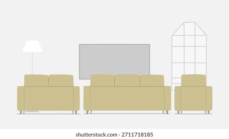 Sala de estar minimalista con sofás, soporte de luz de tv y ventana