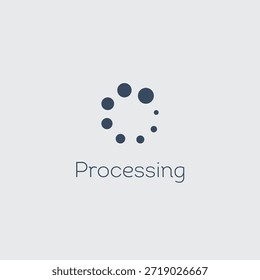 Um ícone de carregamento minimalista com a palavra 'Processamento' abaixo dele, apresentando um arranjo circular de pontos em um fundo cinza claro.