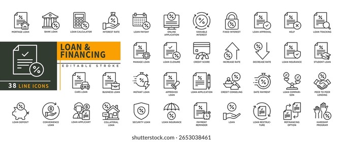 Minimalista Linha de Financiamento de Empréstimo ícones definidos com curso editável, com hipoteca, banco, calculadora, carros, depósito, empréstimo de conveniência, candidato, taxa de juros, empréstimo payday.