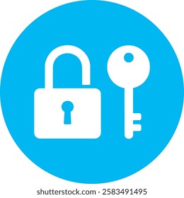 A minimalist Lock and Key icon with clean white outlines on a light Cambridge blue background. Symbolizing security, privacy, and protection, the design exudes simplicity and modern elegance.