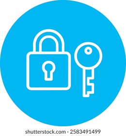 A minimalist Lock and Key icon with clean white outlines on a light Cambridge blue background. Symbolizing security, privacy, and protection, the design exudes simplicity and modern elegance.