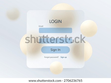 Minimalist login form with glass panel and light cream spheres on a soft white background, futuristic and clean style.