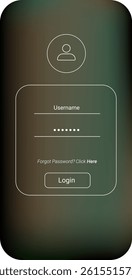 A minimalist login screen design optimized for mobile devices with dark gradient background. The interface includes simple outlined icons