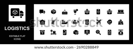 Minimalist Logistics flat icons set. Contains such symbols as transportation, export, shipping, operation, plane. Container vector icon set,  Editable flat. Vector illustration