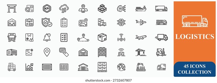 Minimalist Logistics Icon Set – 45 Line Art Symbols for Supply Chain, Transport and Warehousing