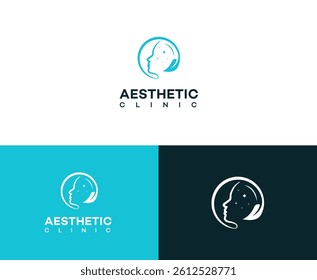 A minimalist logo for an aesthetic clinic features a face, a leaf, and small stars, symbolizing beauty, nature, and rejuvenation.