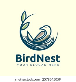 A minimalist logo of a bird perched on a circular nest. The nest below is a simple woven circle made of intersecting curved lines, giving it a textured and organic feel.