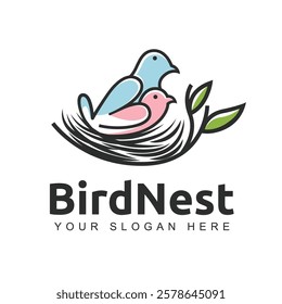 A minimalist logo of a bird perched on a circular nest. The nest below is a simple woven circle made of intersecting curved lines, giving it a textured and organic feel.