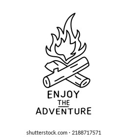 Minimalist logo with bonfire and Enjoy The Adventures inscription