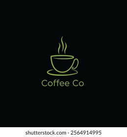 A minimalist logo of a coffee cup with steam rising from it, accompanied by the text 'Coffee Co' below, all in green on a black background