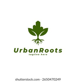 A minimalist logo combining a green city building and plant leaves with roots, symbolizing harmony between urban development and nature. Ideal for eco-friendly brands, sustainability projects, urban f