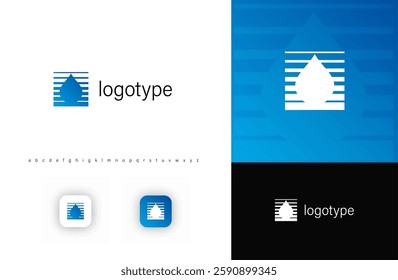 Minimalist logo combining water drop and horizontal lines, symbolizing water humidity, filtration, and environment. Ideal for plumbing, moisturizer, and water purification. Vector illustration. 