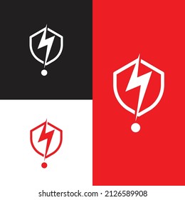 A minimalist logo with the concept of an electric or lightning icon symbol and an exclamation mark with a shield element behind it. black red and white variations