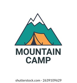 Minimalist logo with deep teal mountain peak and bright orange tent, flat vector style, clean silhouette, perfect for outdoor adventure branding