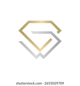 Um logótipo minimalista que represente as letras entrelaçadas "S" e "W" no contorno de uma forma de diamante, com um gradiente de ouro e prata