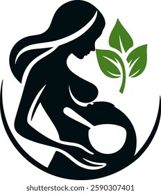 A minimalist logo depicting the silhouette of a pregnant woman holding a bowl of healthy food, complemented by green leaves symbolizing health and nature.