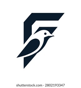 A minimalist logo design with a bird sitting on a geometric shape, predominantly in dark blue and white colors, set against a clean white background