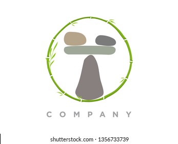 Minimalist logo design combination circle bamboo with rock balance.