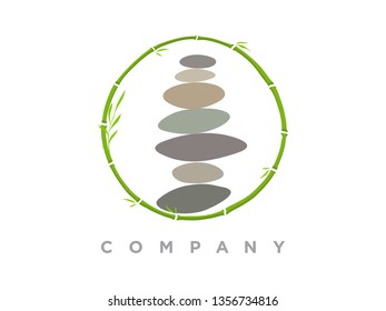 Minimalist logo design combination circle bamboo with stone balance.