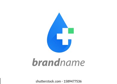 Minimalist logo design cross with water drop, this logo recommended for company related medical.