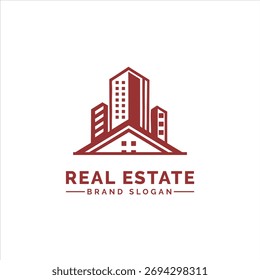 A minimalist logo design features abstract representations of buildings in a maroon color against a white background
