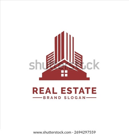 A minimalist logo design features a stylized maroon building with a house silhouette at its base