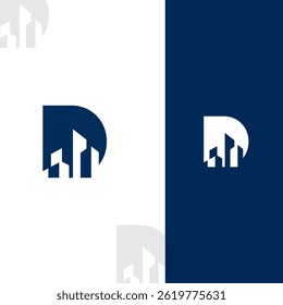 Design De Logotipo Minimalista Com Prédios Abstratos Dentro De Uma Marca De Letra Azul Escuro No Espaço Em Branco