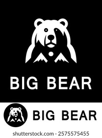 A minimalist logo design featuring a bear face in black and white with mountain-shaped elements