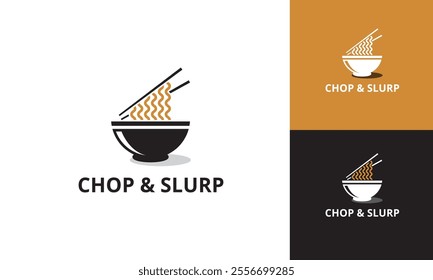 A minimalist logo design featuring a bowl of noodles and chopsticks for a restaurant called Chop Slurp.