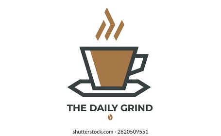 Minimalist logo design featuring a brown coffee cup with steam and the text reading the daily grind, perfect for cafes and coffee shops.