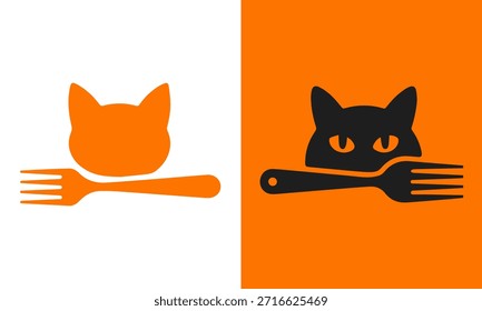 Diseño de logotipo minimalista con cabeza de gato y tenedor en dos variaciones de color para la marca