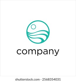 A minimalist logo design featuring a circular shape with abstract wave patterns and a small circle representing