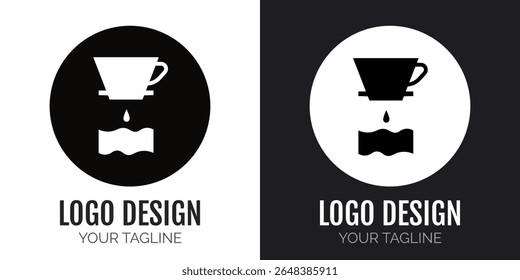 Design de logotipo minimalista com um gotejador de café e silhueta de xícara em estilo monocromático. Ideal para cafés de marca, cafés ou projetos com tema de barista.